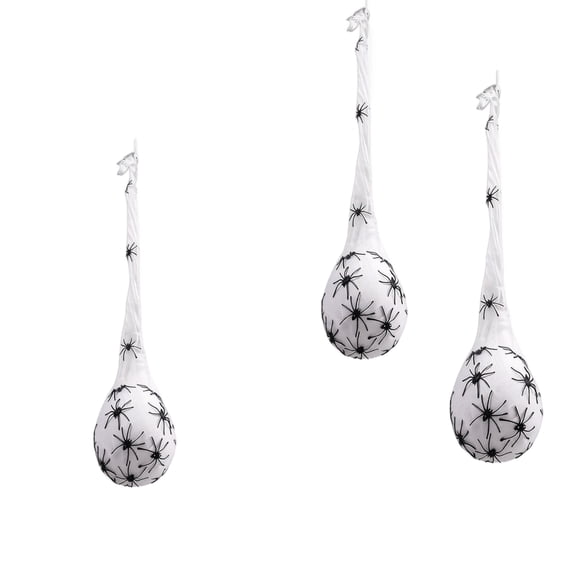 Glowing Web Eggs with Black Print, Set of 3, White, for Outdoor Porch and Yard, Halloween Hanging Decorations