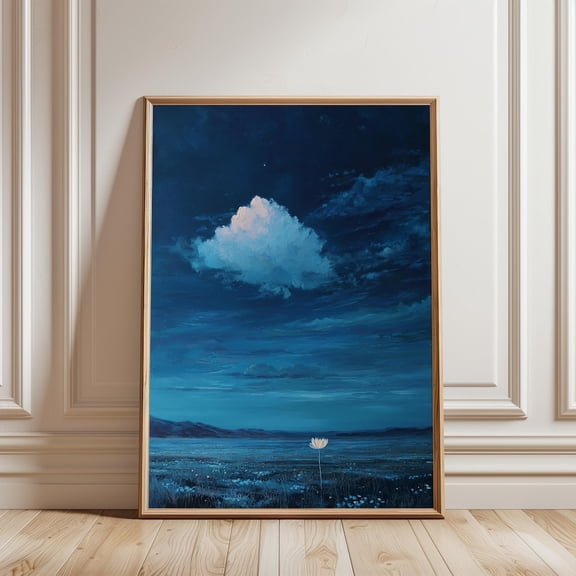Glowing White Cloud Over Moonlit Landscape Atmospheric Night Sky Minimalist Wall Decor Art Print, Unframed Paper Print