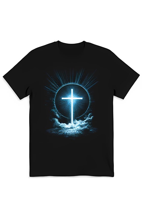 Glowing White Graphic Black T-Shirt with Cloud Background