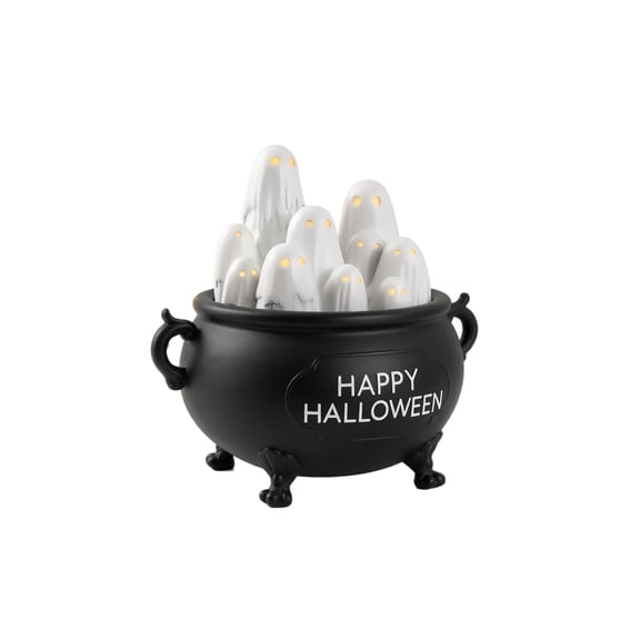 Glowing Witch Cauldron for Halloween Decoration,9.8Inch Resin Cauldron with Glowing Mini Ghosts, Auto On/ Off Timer, Happy Halloween Resin Shelf Sitter Figurines for Table Centerpiece (Multicolor)
