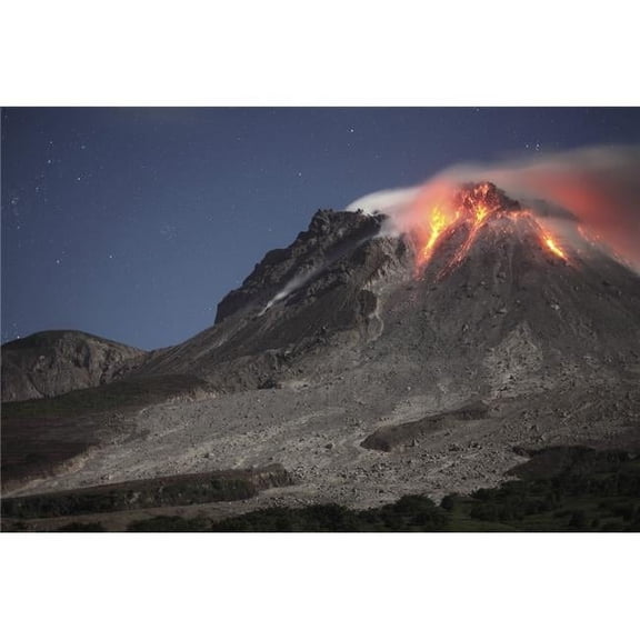 Glowing lava dome during eruption of Soufriere Hills volcano Montserrat Caribbean Poster Print