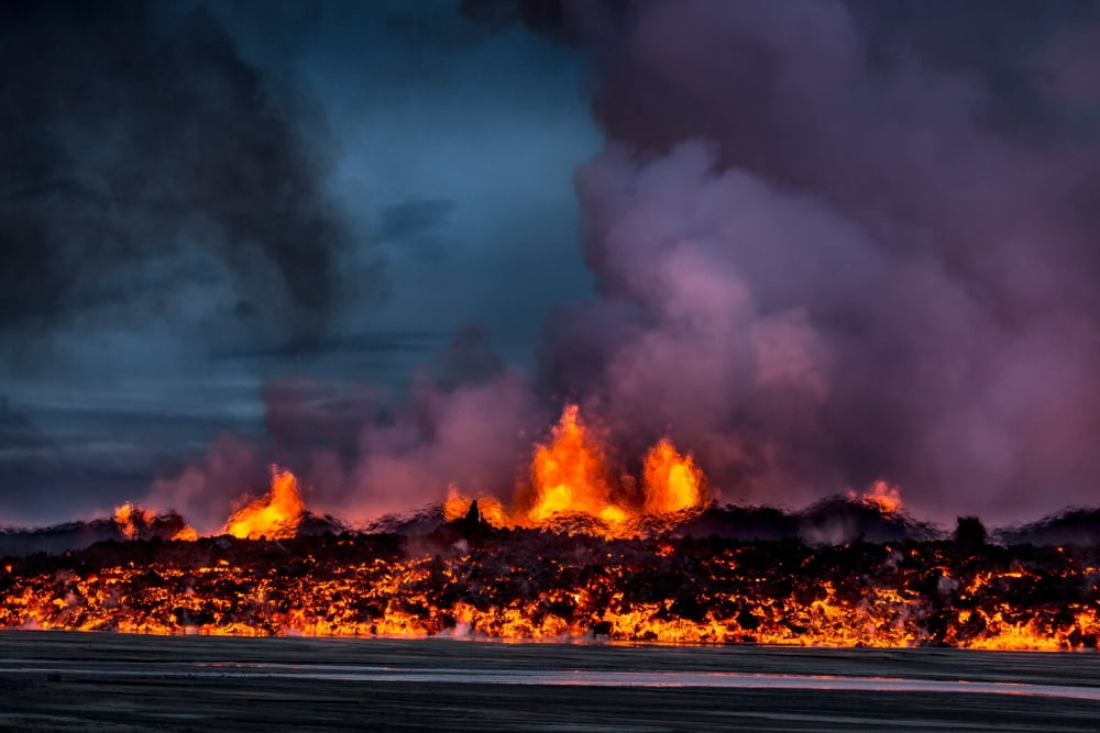 Glowing lava from the eruption at the Holuhraun Fissure near the Bardarbunga Volcano Iceland Canvas Art - Panoramic Images (36 x 12)