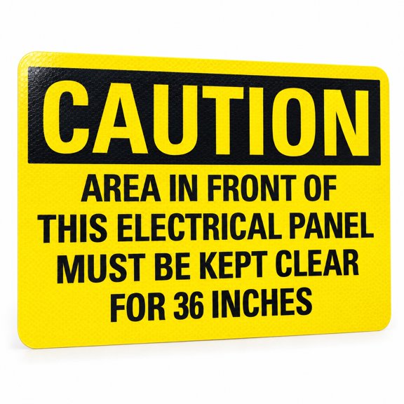 Glownary 10 x 7 Inch Adhesive Vinyl Safety Label, Black and Yellow, Caution Area In Front Of This Electrical Panel Must Be Kept Clear For 36 Inches, Engineer Grade Reflective, Rectangle