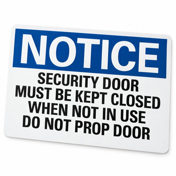 Glownary 10 x 7 Inch Vinyl Security Label, Black Blue White, Notice Door Must Be Kept Closed When Not In Use Do Not Prop Door, Non-Reflective, Adhesive Back, Indoor Outdoor