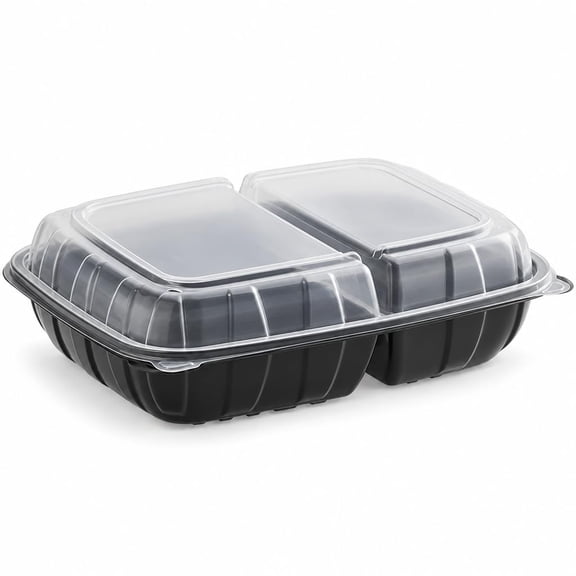Glownary 11" x 8 1/2" x 3" Microwaveable 2-Compartment Black / Clear Plastic Hinged Container - 100/Case