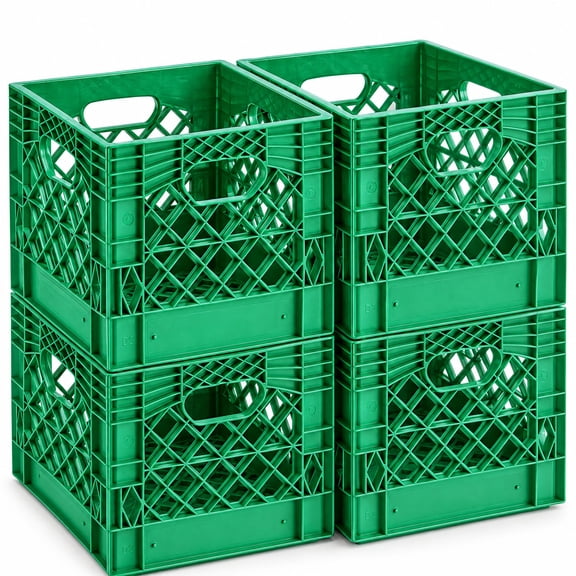 Glownary 13 Inch Square Polyethylene Milk Crate, Green, Stackable, With Handle, 16 Quart Capacity, Pack of 4