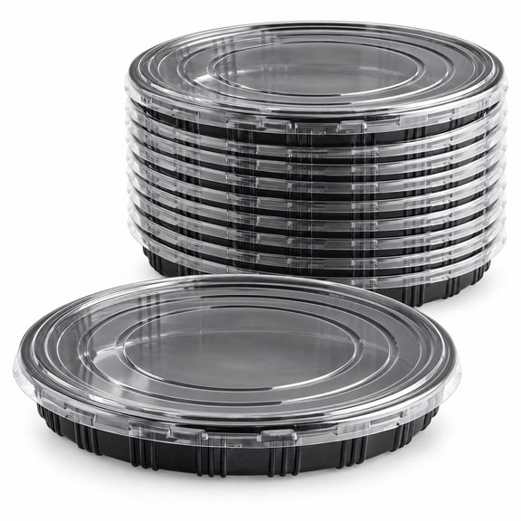Glownary 14.875 Inch Round Black Sushi Tray with Lid, Plastic, Stackable, 100 Count