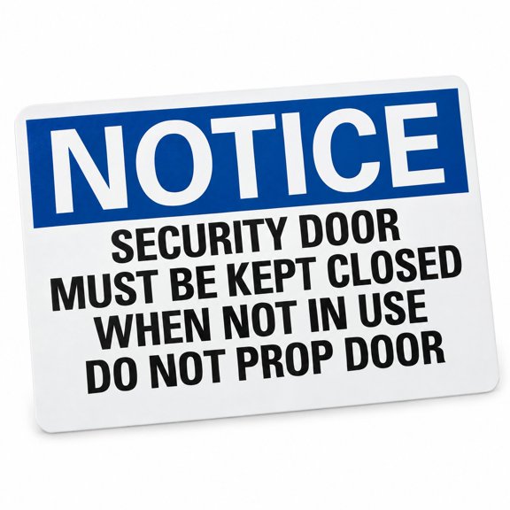 Glownary 14 x 10 Inch Vinyl Security Label, Black Blue White, Notice Door Must Be Kept Closed When Not In Use Do Not Prop Door, Non-Reflective, Adhesive Back, Indoor Outdoor