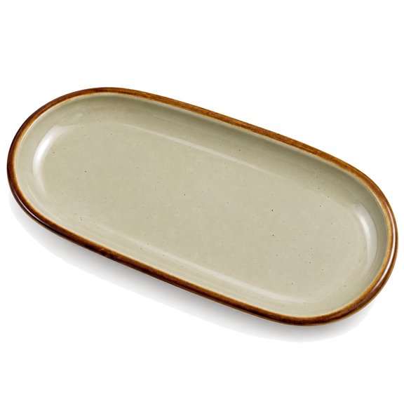 Glownary 14" x 6 3/4" Granite Gray Stoneware Oblong Coupe Platter, Dishwasher Safe, Oven Safe, Brown Speckles