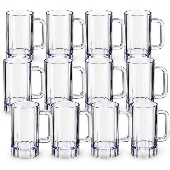 Glownary 16 oz Plastic Beer Mug, Clear, With Handle, Round, Stemless, BPA Free, NSF Certified, Pack of 12