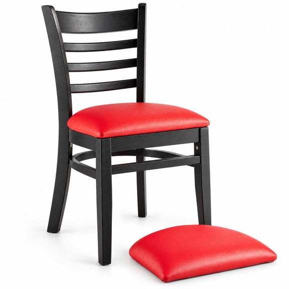 Glownary 17.5 Inch Wood Ladder Back Chair, Black Frame, Black Beechwood Finish, Red Vinyl Seat, Standard Height, 350 lb Capacity, Indoor