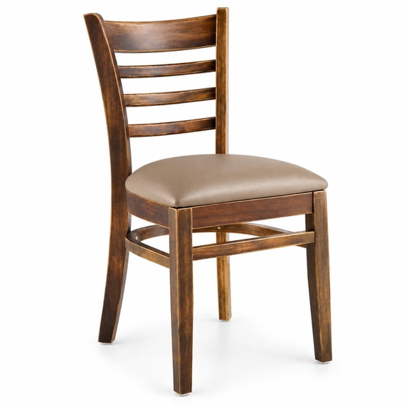 Glownary 17.5 Inch Wood Ladder Back Chair, Brown Frame, Vintage Wood Finish, Taupe Vinyl Seat, Standard Height, 350 lb Capacity, Indoor