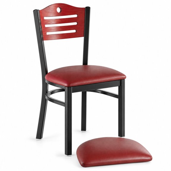 Glownary 17 Inch Ladder Back Chair, Black Powder Coated Steel Frame, Burgundy Vinyl Seat, Mahogany Wood Back, 330 lb Capacity, Detached Seat