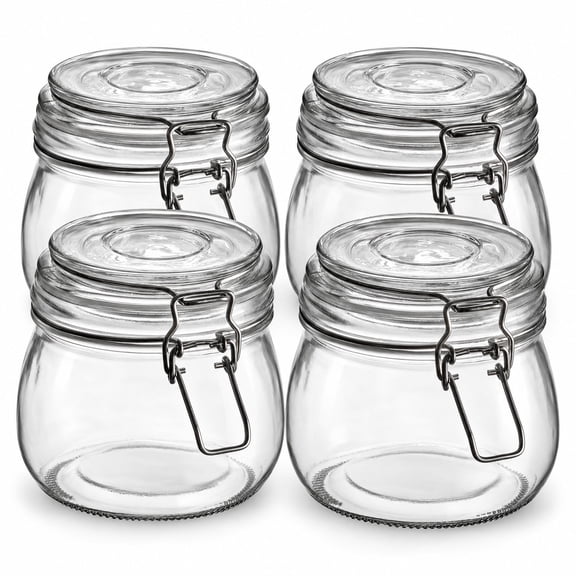Glownary 17 oz Hinge Top Glass Storage Jar, Clear, Round, Dishwasher Safe, With Lid, Pack of 4