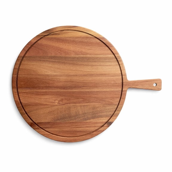 Glownary 18-Inch Round Acacia Wood Serving Board with Handle, Brown, XL Charcuterie Board with Crumb Catcher, Hand Wash Only