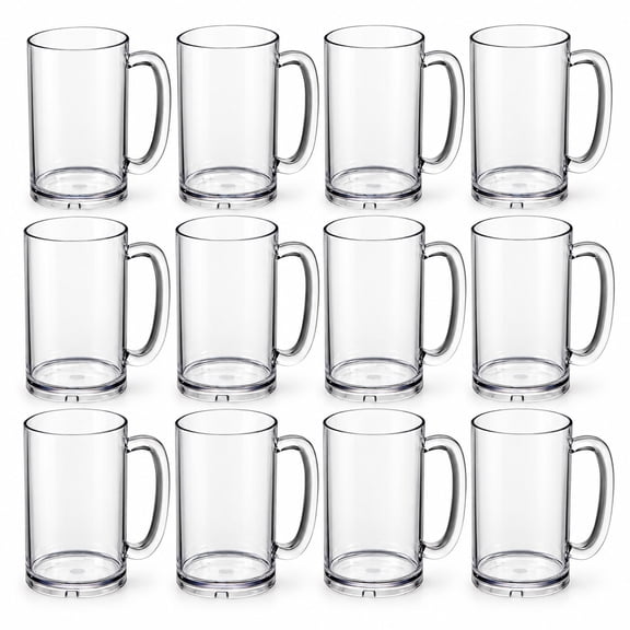 Glownary 20 oz Plastic Beer Mug, Clear, With Handle, Round, Stemless, BPA Free, NSF Certified, Pack of 12