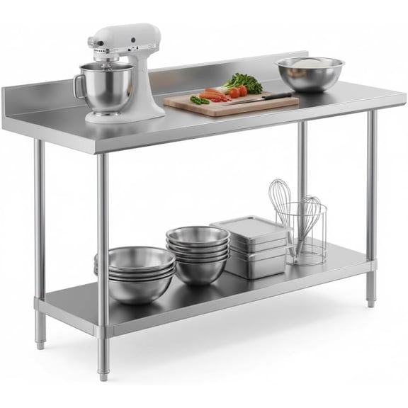 Glownary 24" x 60" 16-Gauge 304 Stainless Steel Commercial Work Table with 4" Backsplash, Undershelf, and Casters