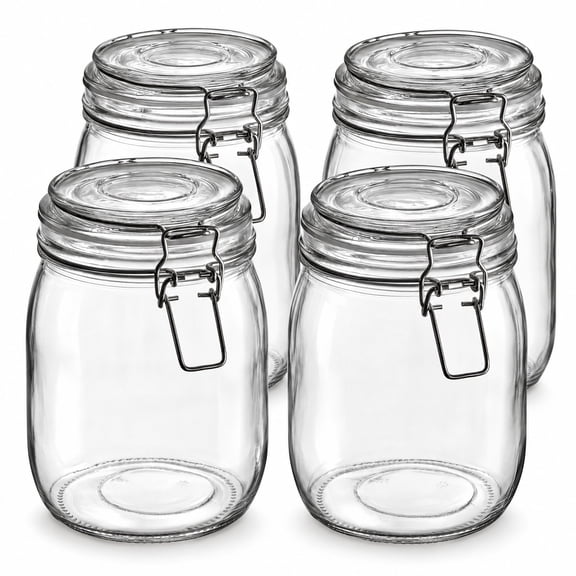 Glownary 34 oz Hinge Top Glass Storage Jar, Clear, Round, Dishwasher Safe, With Lid, Pack of 4