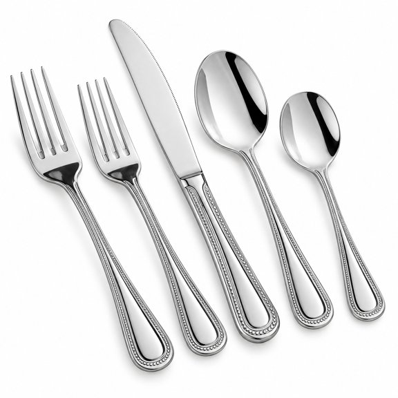 Glownary 5-Piece Extra Heavy Weight Flatware Set, Silver Stainless Steel, 18/8, Beaded Design, Mirrored Polished Finish, Dishwasher Safe