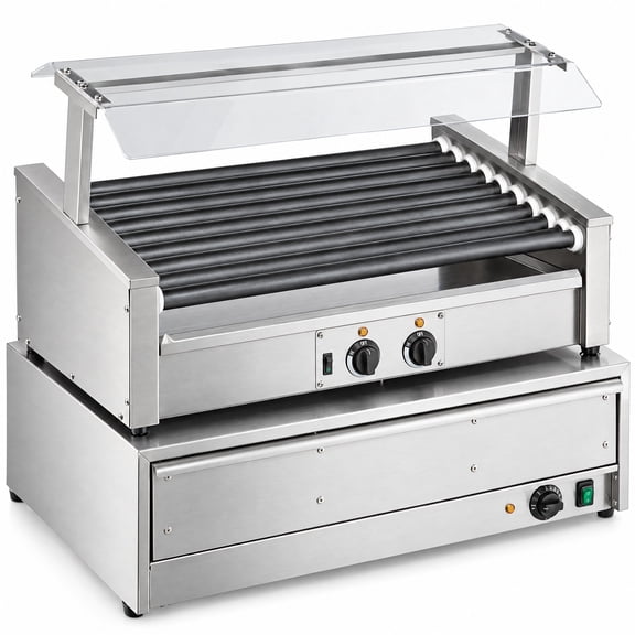 Glownary 50 Hot Dog Capacity Electric Non-Stick Roller Grill with Bun Warmer, Slanted Top, Pass-Through Canopy, Sneeze Guard, 2 Zones, 120V, 1460W, Silver
