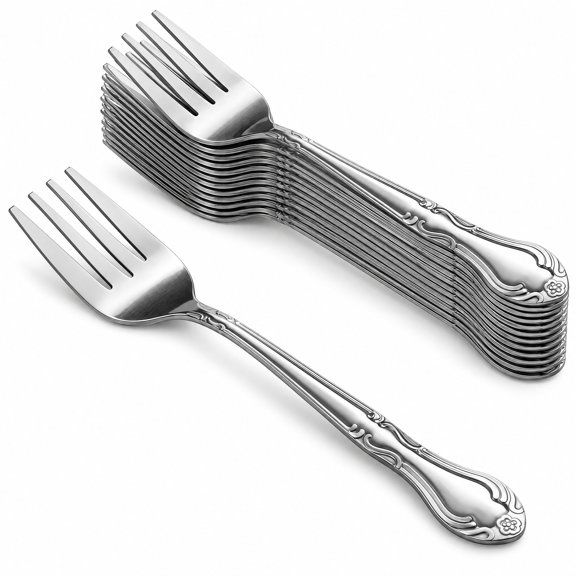 Glownary 6 1/4 Inch Stainless Steel Salad Fork, Medium Weight, 18/0, Floral Scroll Pattern, Mirrored Polished Finish, Silver, 60 Count