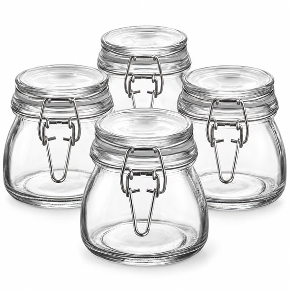 Glownary 7 oz Hinge Top Glass Storage Jar, Clear, Round, With Lid, Pack of 4