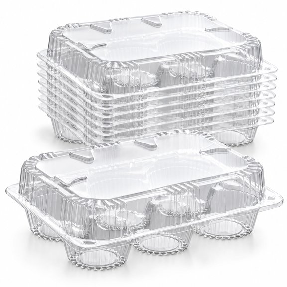 Glownary 8.375 x 5.8125 x 2.4375 Inch Clear PET 6 Compartment Low Dome Cupcake Container, 1-Piece, Rectangle, 300 Count