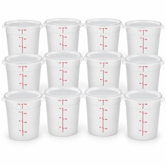 Glownary 8 Quart Translucent Round Polypropylene Food Storage Container with Lid, NSF Certified, Stackable, Pack of 12
