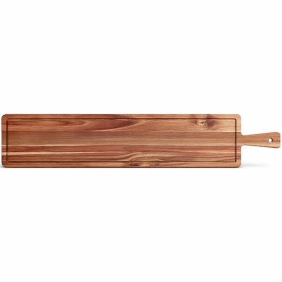 Glownary Acacia Wood Serving Board, 31 x 7 Inch Rectangle with 5 Inch Handle, Brown Charcuterie Board with Crumb Catcher, Hand Wash