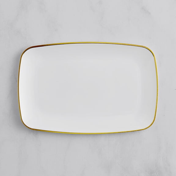 Glownary Coupe Dynasty White Rectangular Plastic Platter with Gold Band, 9.5 x 6.25 Inch, Disposable, BPA Free, for Events and Weddings, 10 Count Sample