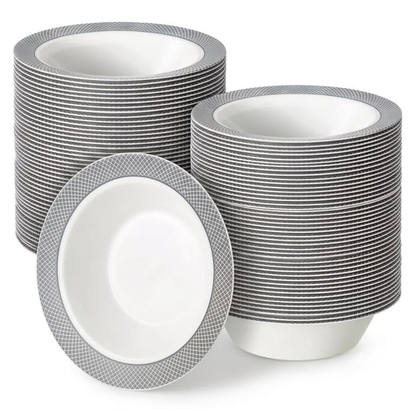 Glownary Lattice White Bowl with Silver Pattern, 12 oz, Polystyrene, Round, Disposable, BPA Free, 150 Count