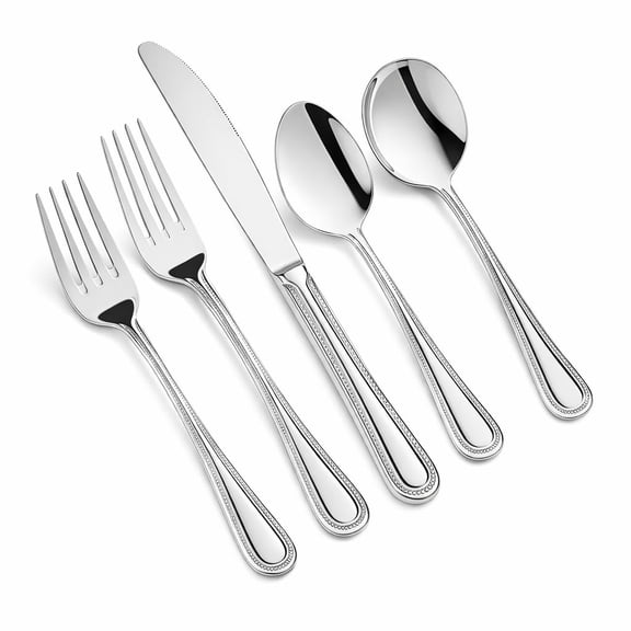 Glownary Lydia 18/8 Stainless Steel Flatware Set, 60-Piece Service for 12, Extra Heavy Weight, Silver, Beaded Design, Mirrored Polished Finish