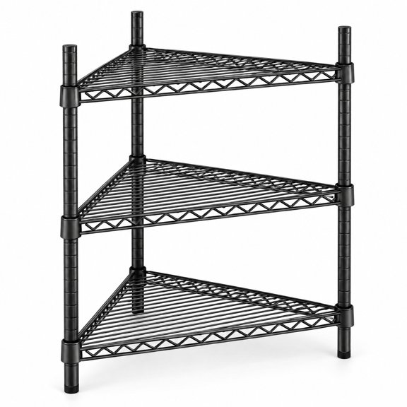 Glownary NSF Black Epoxy Triangle Corner Shelving Kit, 3 Adjustable Wire Shelves, 24x33.5x34 Inches, 500lb per Shelf, for Warehouse, Retail, Stock Rooms