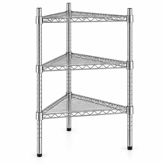 Glownary NSF Chrome Triangle Corner Shelving Unit, 3 Wire Shelves, 34 Inch Posts, 18x25 Inch, 500lb per Shelf Capacity