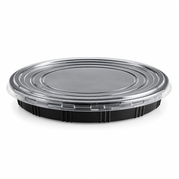 Glownary Round Sushi Tray with Lid, 12 3/4 Inch, Black, Plastic, 1 Compartment, 100 Count