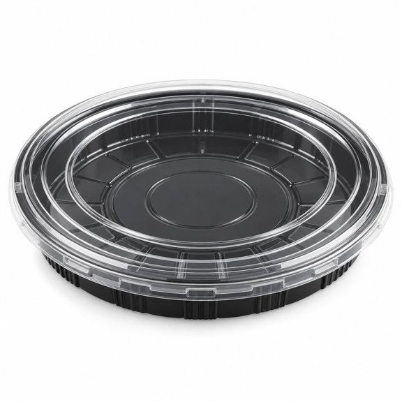 Glownary Round Sushi Tray with Lid, 13 5/8 Inch, Black, Plastic, 1 Compartment, Stackable, 100 Count