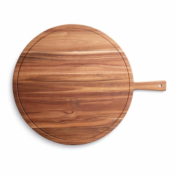 Glownary Round XL Acacia Wood Serving Board, 22 Inch with 5 Inch Handle, Brown, Crumb Catcher, Charcuterie and Appetizer Platter