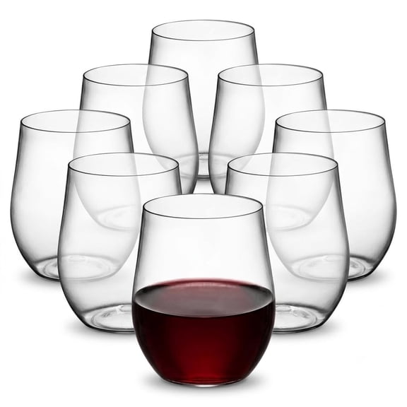 Glownary Stemless Wine Glass, Clear PET Plastic, 8 oz, BPA Free, Hand Wash Only, 64 Count, Round, 3.25 Inch Height