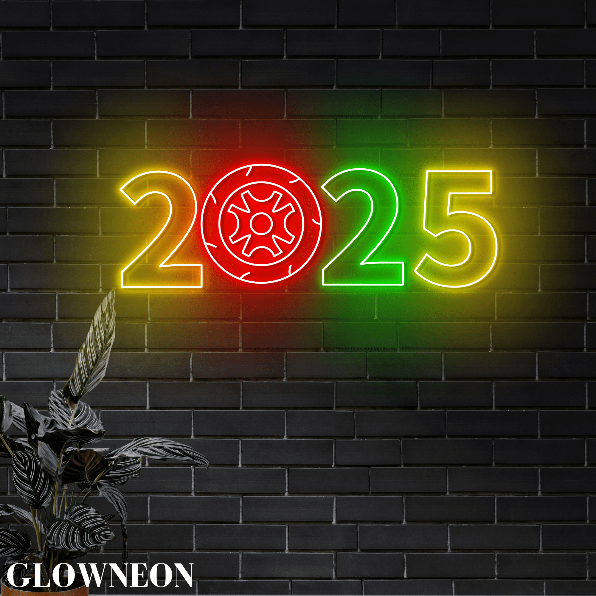 Glowneon 2025 Car Tire Led Wall Decor, Happy New Year Car Garage Sign