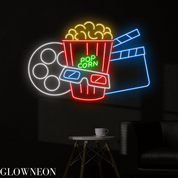 Glowneon 3D Movie Neon Sign, PopcorBar Led Sign, Cinema Led Light