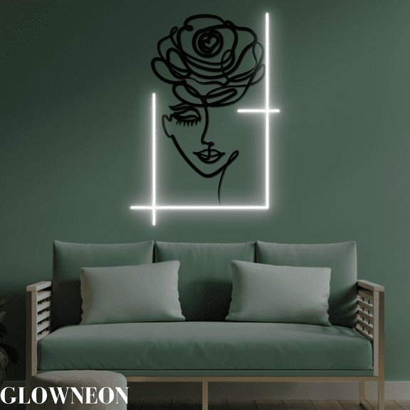 Glowneon Abstract Face Girl With Flower Wall Art Led Light, Home Deco