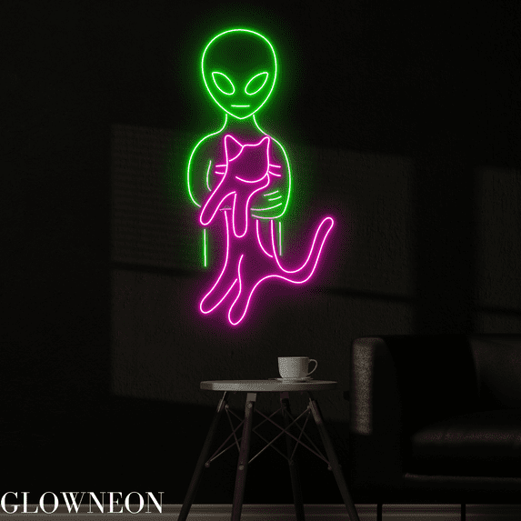 Glowneon Alien With Cat Neon Sign, Alien Cat Led Sign, Gift For Kids