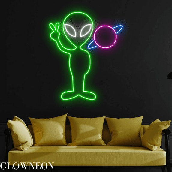 Glowneon Alien With Planet Neon Sign, Cute Alien Led Sign, Kid Gifts