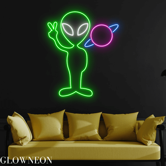 Glowneon Alien With Planet Neon Sign, Cute Alien Led Sign, Kid Gifts