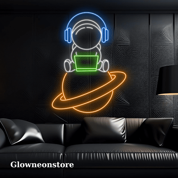 Glowneon Astronaut Saturn Computer Neon, Spaceman Light Room Decor