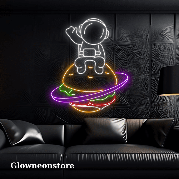 Glowneon Astronaut Saturn Hamburger Neon Sign, Hamburger Neon Decor