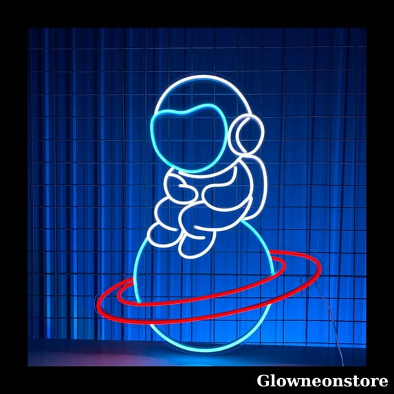Glowneon Astronaut Sitting On Planet Neon Sign, Astronaut Led Sign, Spaceman LED Light