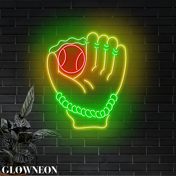 Glowneon Baseball Glove & Ball Led Light Sign, Baseball Shop Wall Art