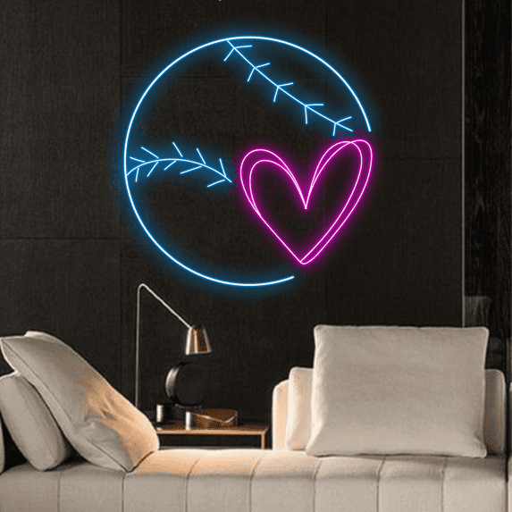 Glowneon Baseball w/ Heart Neon Sign, Baseball Club Deco Signboard