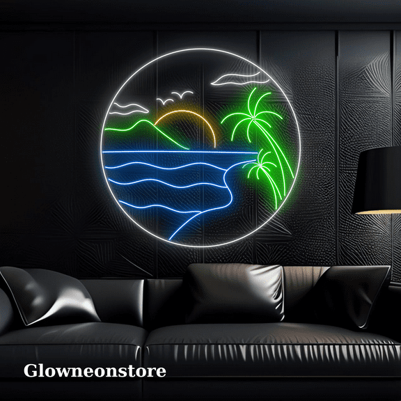 Glowneon Beach Landscape Neon Sign, Sun Ocean Waves Palm Tree Led